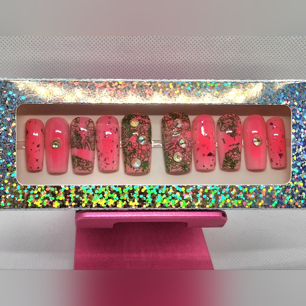Hot pink and kelly green with iridescent rhinestones. Press On Nails